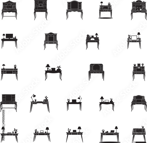 Secretary desk silhouette isolated with white background