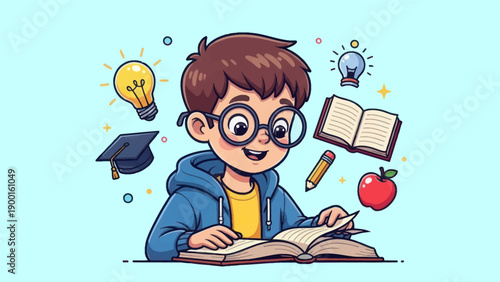 Young student reading book with education symbols flat illustration