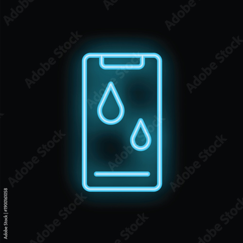 Blue neon icon of a smartphone with water drops falling on its surface, symbolizing its water resistant capabilities