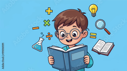 Young student reading book with education symbols illustration on blue background