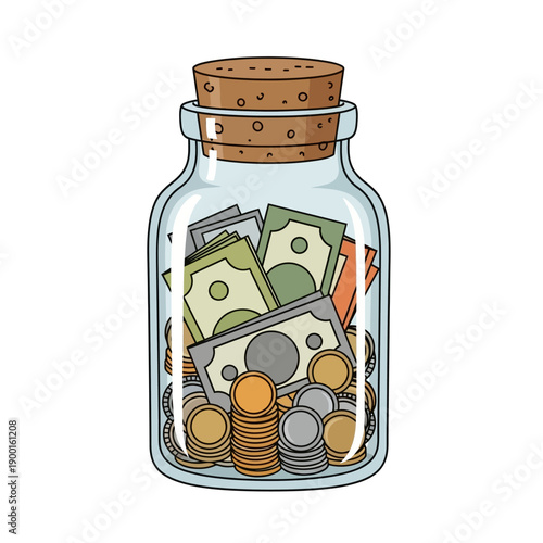 A glass jar filled with various denominations of currency and coins, sealed with a cork lid, on a transparent background, viewed from the front