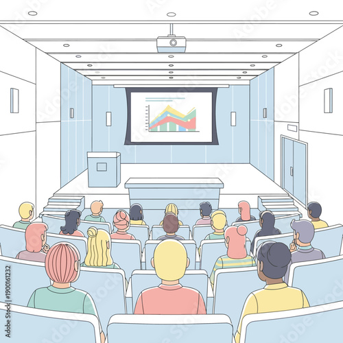 Audience watching presentation on stage with graph on screen in a conference hall from rear view