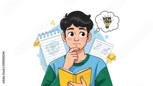 Young person thinking with idea light bulb in thought bubble illustration
