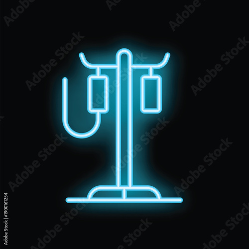 Neon blue iv stand glows on a black background, representing medical care and patient support