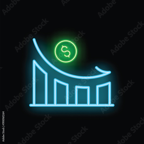 Neon sign of a bar chart losing money, showing a downward trend with the arrow pointing down