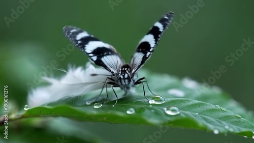 Butterfly on a green leaf with water droplets and a white feather