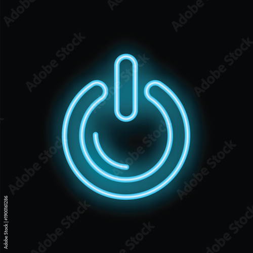 Neon blue power button glowing on a black background