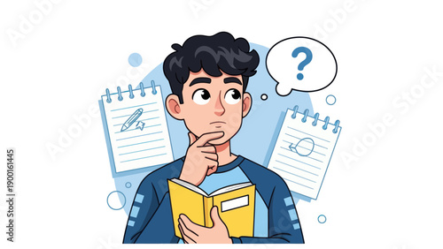Young person thinking with question mark bubble and notebooks illustration