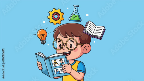 Young student reading book with floating educational elements cartoon illustration