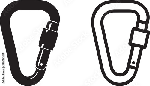 Climbing carabiner silhouette bold and outline vector icon set.