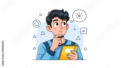 Young man thinking with thought bubble book concept illustration