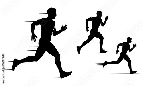 Running athlete silhouette set with motion speed lines, dynamic sprint poses, black vector illustration isolated on clean white background