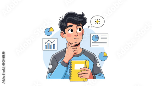 Young professional considering data charts and financial information