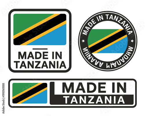 Made in Tanzania country flag stamps and labels set  various shapes