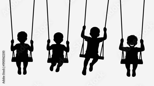 a simple black and white illustration depicts four silhouetted children joyfully swinging on individual swings creating a playful and idyllic scene high quality professional detailed modern