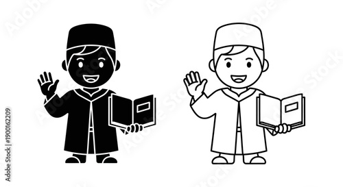 Male Muslim Student Waving and Reading Holy Book Icon. Islamic Education and Welcome Concept.