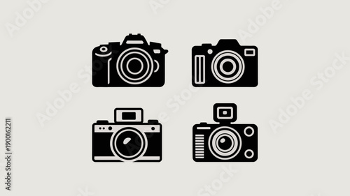 a simple illustration showcases four distinct black camera icons arranged in a square formation on a light gray background high quality professional detailed modern elegant stylish