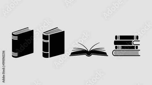 a minimalist illustration displays a collection of books in varying arrangements including stacked volumes and an open book with a feather quill high quality professional detailed