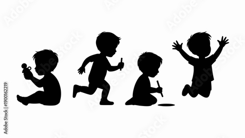 a visual representation of a child s growth stages from infancy to playful activity depicted through four distinct silhouette figures high quality professional detailed modern elegant