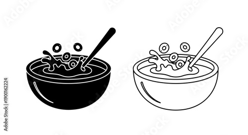 Breakfast Cereal in Bowl with Milk Splash and Spoon. Morning Meal Food Vector Illustration.