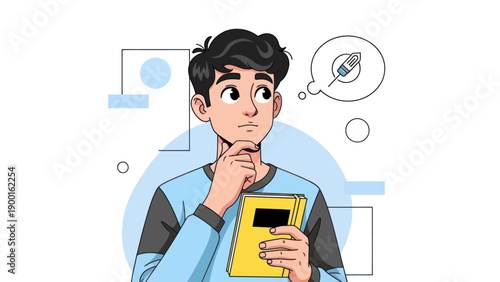 Young man thinking with thought bubble containing pencil symbol