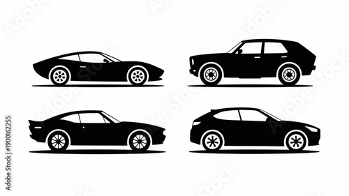 a collection of four distinct vehicle silhouettes are presented in a black and white graphic showcasing varying automotive designs and body styles high quality professional detailed