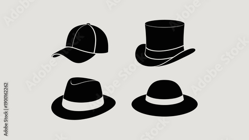 a collection of four different black silhouette hats is presented against a plain light grey background showcasing varying styles and designs high quality professional detailed modern