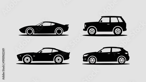 a minimalistic illustration depicting four distinct silhouettes of vehicles including a sports car a station wagon a coupe and a modern hatchback high quality professional detailed