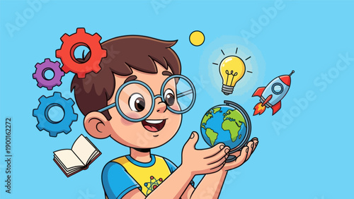 Young scientist holding globe with ideas illustration for education