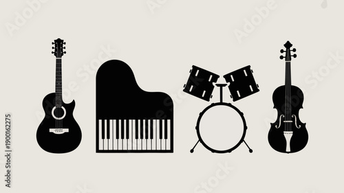 a minimalist illustration showcases a variety of musical instruments including a guitar piano drum kit and violin all depicted in black silhouettes high quality professional detailed