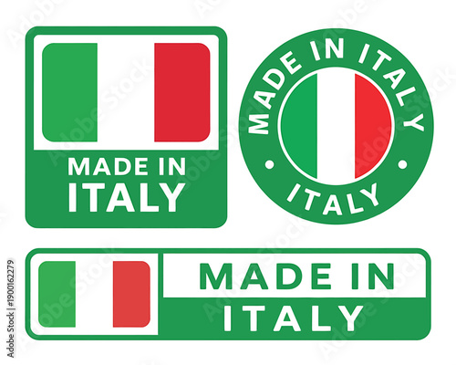 Made in Italy labels with Italian flags on green and white background