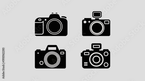 a minimalist depiction of four vintage camera icons in black silhouettes against a light gray backdrop showcasing different camera styles high quality professional detailed modern elegant
