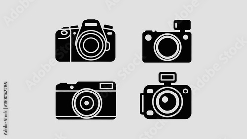a collection of four distinct black and white camera icons arranged in a square grid format against a light gray backdrop high quality professional detailed modern