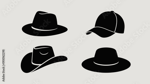 a simple illustration featuring four distinct silhouettes of various hats in a monochromatic black color scheme high quality professional detailed modern elegant stylish clean crisp vibrant