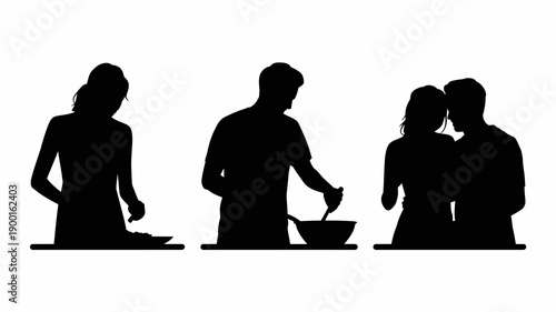 a minimalist silhouette depicts a sequence of a woman man cooking and a couple embracing suggesting stages of a relationship s progression high quality professional detailed