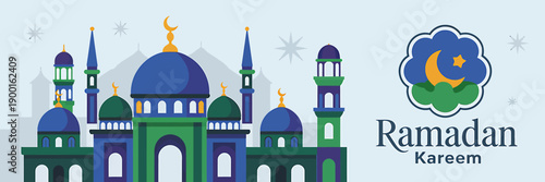 Ramadan Kareem Islamic mosque architecture with crescent moon and stars