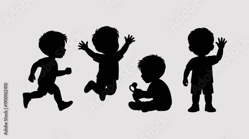 silhouette depictions of four young children in various poses showcase growth and activity including running jumping playing and waving high quality professional detailed modern elegant stylish