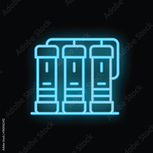 Glowing blue neon icon of a water filter system, illustrating the purification process