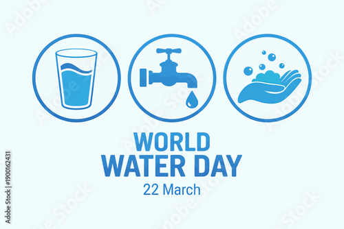 World Water Day icons with glass faucet and hand washing on light blue background
