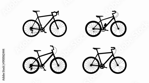 a collection of four distinct bicycle silhouettes is presented in a white background showcasing different bicycle styles and designs high quality professional detailed modern elegant stylish