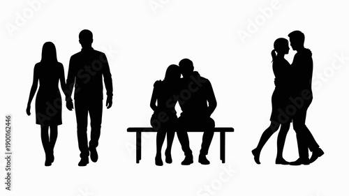 a black and white illustration depicts silhouettes of couples at different stages of a romantic relationship showing connection and intimacy high quality professional detailed modern elegant