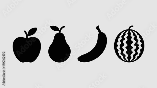 a simple illustration depicts a collection of various fruits including an apple pear banana and a prominently striped watermelon in black high quality professional detailed modern