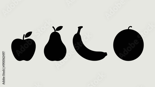 a minimalist illustration showcases a row of black silhouettes depicting an apple a pear a banana and a circular orange fruit high quality professional detailed modern