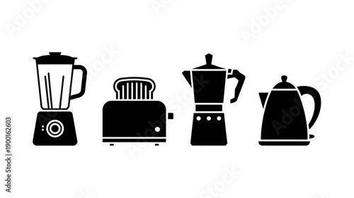 a collection of black silhouette icons depicting a blender toaster moka pot and a traditional kettle all lined up in a row high quality professional detailed