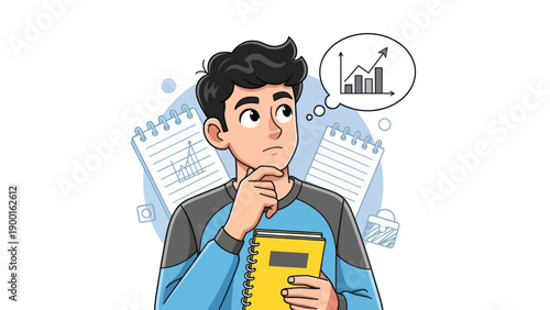 Young man thinking with thought bubble finance concept illustration