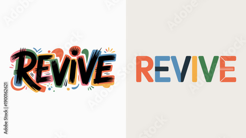 a vibrant and colorful depiction of the word revive is shown with a creative bubbly design and a simpler block letter variant high quality professional detailed