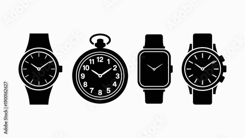 a stylish collection of timekeeping devices featuring a variety of wristwatches and a classic pocket watch in monochrome high quality professional detailed modern elegant clean crisp