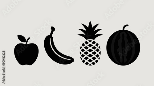 a simple illustration showcases a variety of fresh fruits including an apple banana pineapple and a sliced watermelon in black silhouettes high quality professional detailed modern