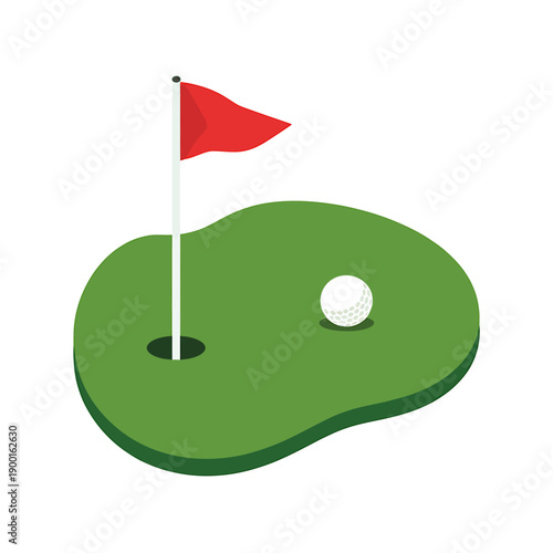 Golf green with flag and ball on white background