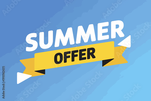 Summer offer banner with yellow ribbon on blue background